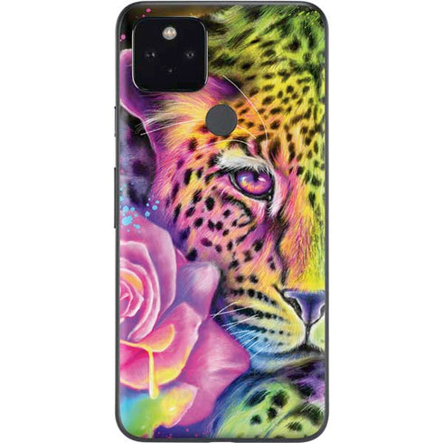 Neon Rainbow Cheetah with Rose by Sheena Pike Google Pixel 5a Skin